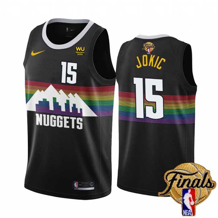 Mens Denver Nuggets #15 Nikola Jokic Black 2023 Finals City Edition Stitched Basketball Jersey Dzhi